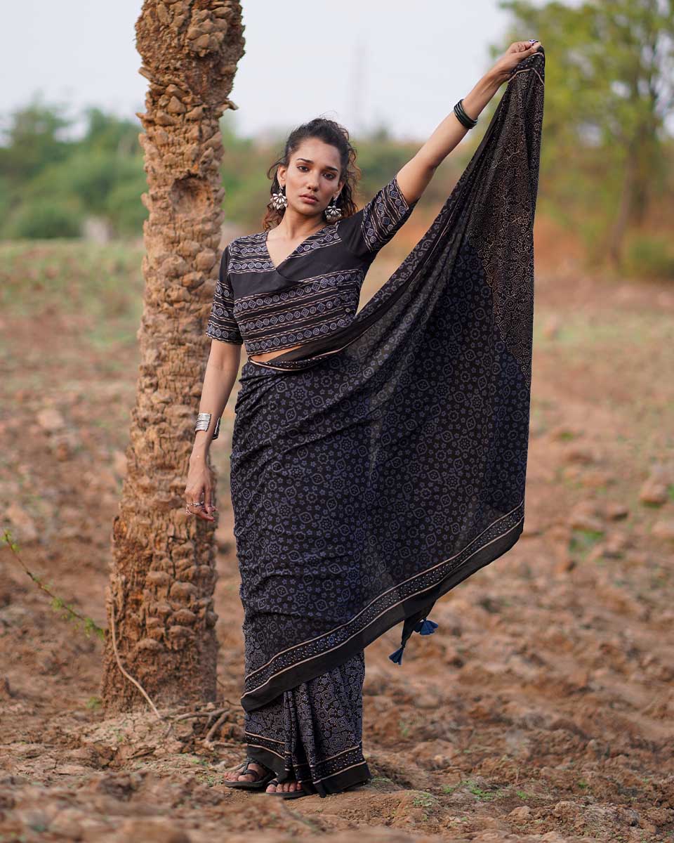 Nightscented Orchids Blockprinted Cotton Saree-WWB