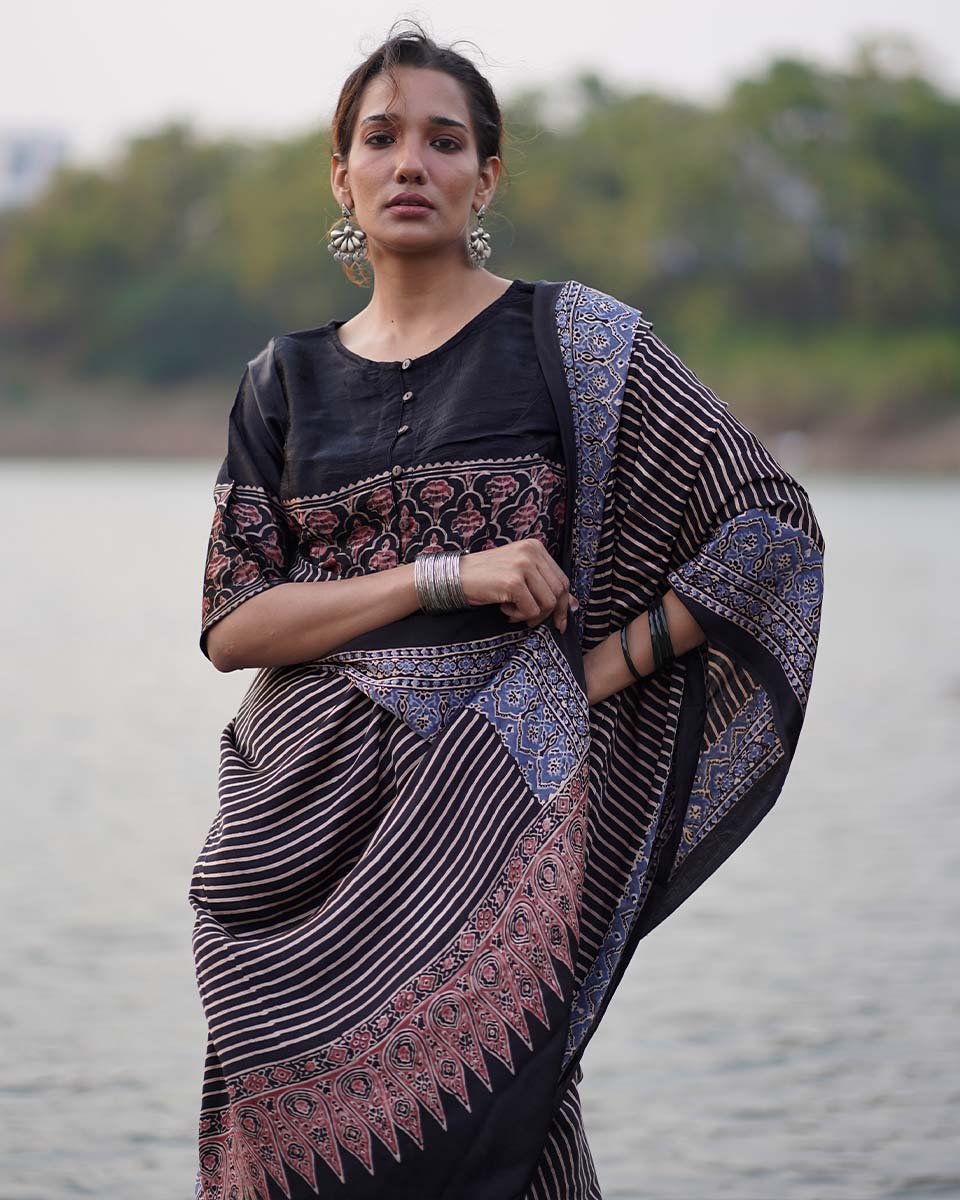 Bhumika Black Block printed Modal Silk Saree - Jaisal