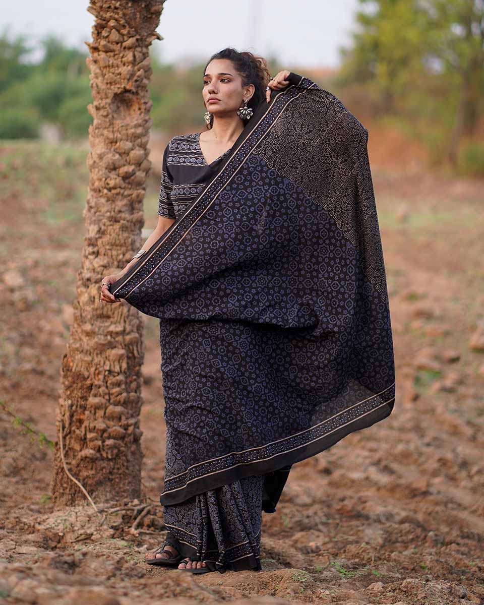 Nightscented Orchids Blockprinted Cotton Saree-WWB