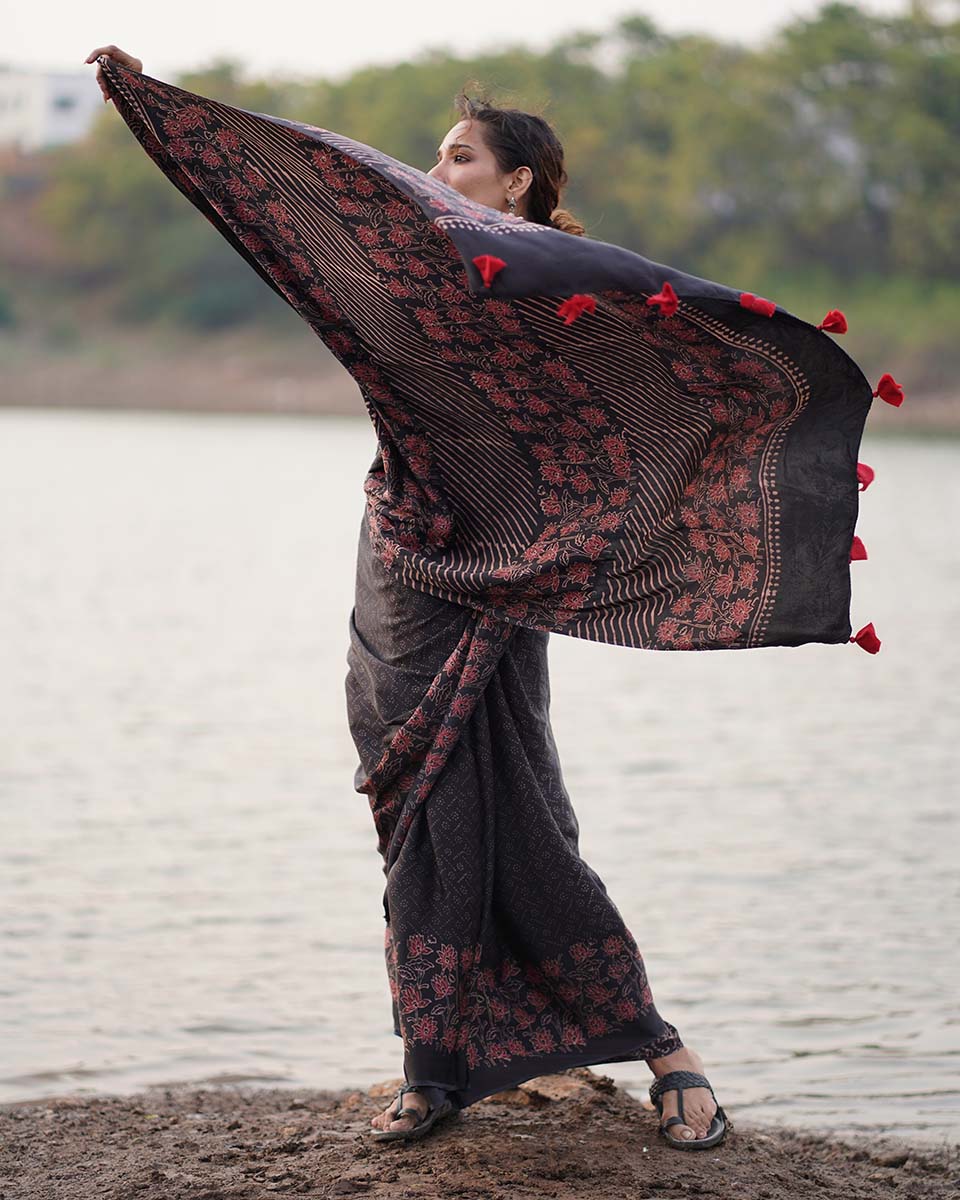 Rahi Black Block printed Modal Silk Saree - Jaisal