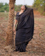 Nightscented Orchids Blockprinted Cotton Saree-WWB