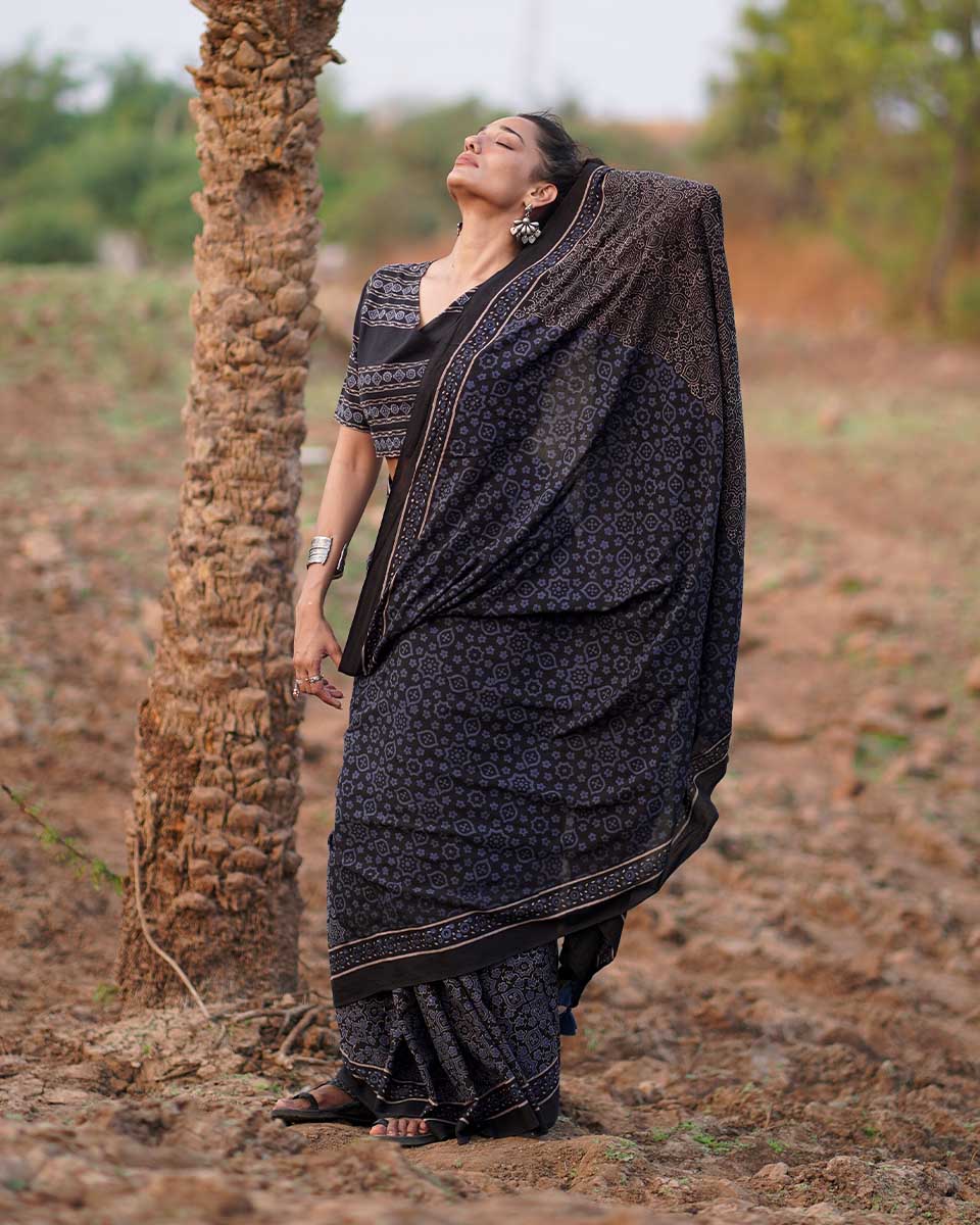 Nightscented Orchids Blockprinted Cotton Saree-WWB