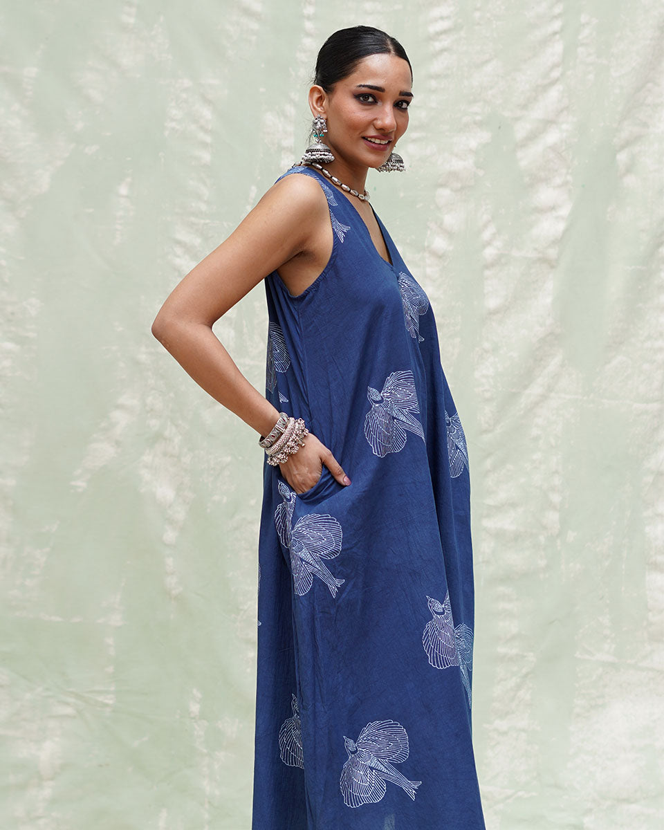 Adana Malhar Blue Handblock Print Cotton Dress - INDI
