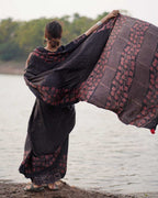 Rahi Black Block printed Modal Silk Saree - Jaisal