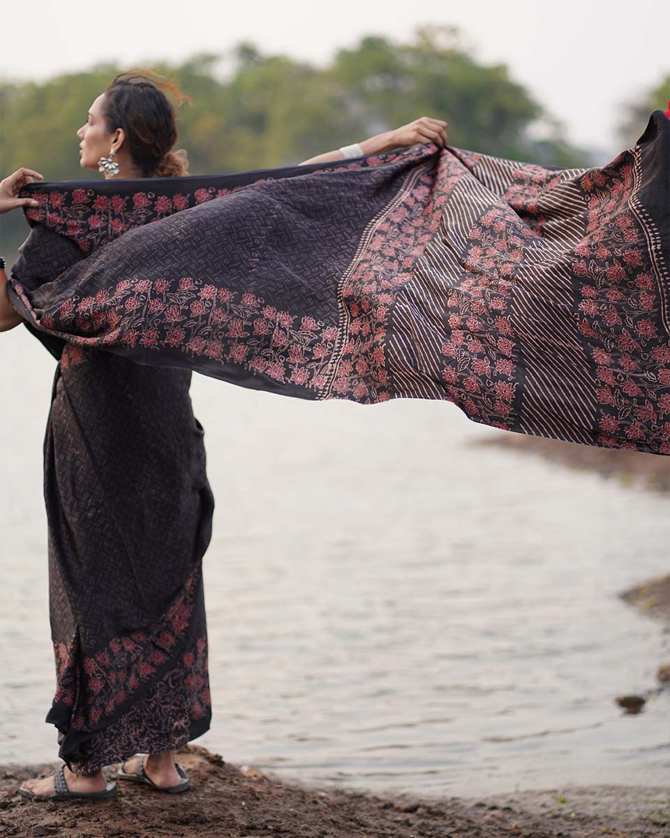 Rahi Black Block printed Modal Silk Saree - Jaisal