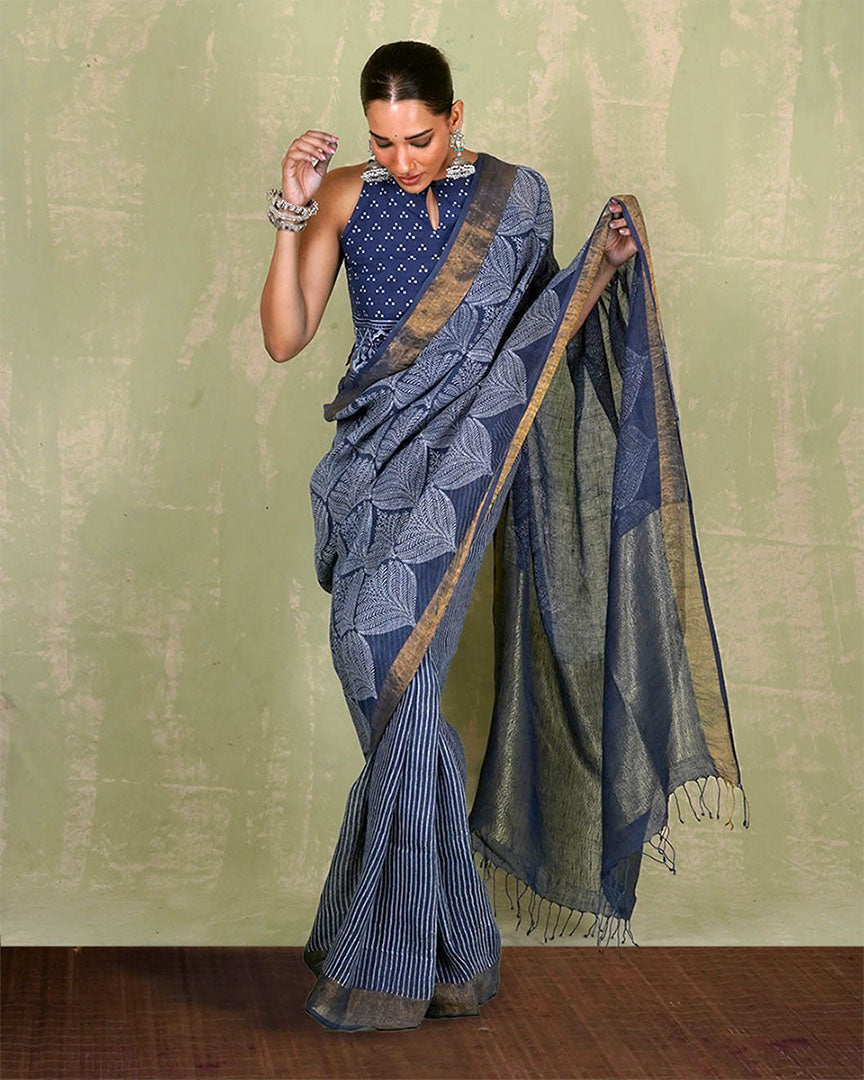 Malhari Blue Handblock Print Linen Saree - INDI