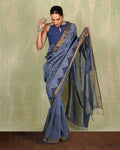 Malhari Blue Handblock Print Linen Saree - INDI