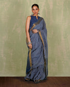Sarang Blue Handblock Print Linen Saree - INDI