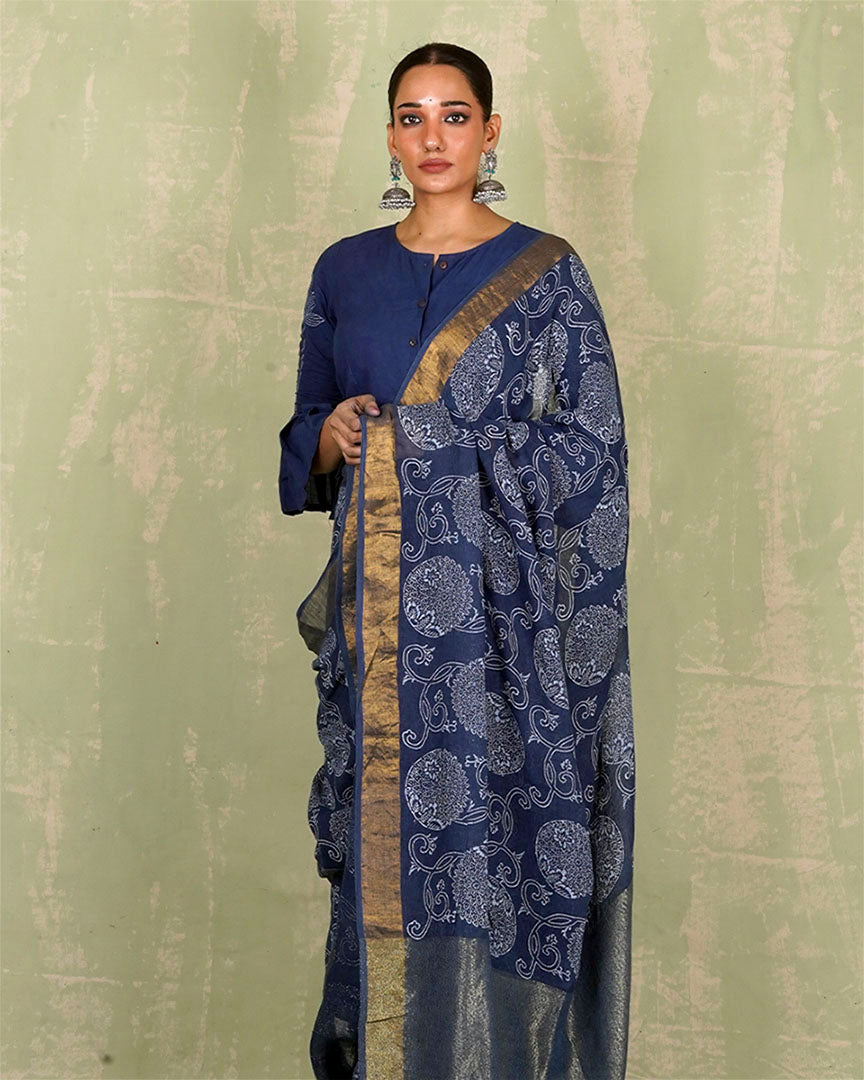 Rahi Blue Handblock Print Linen Saree - INDI
