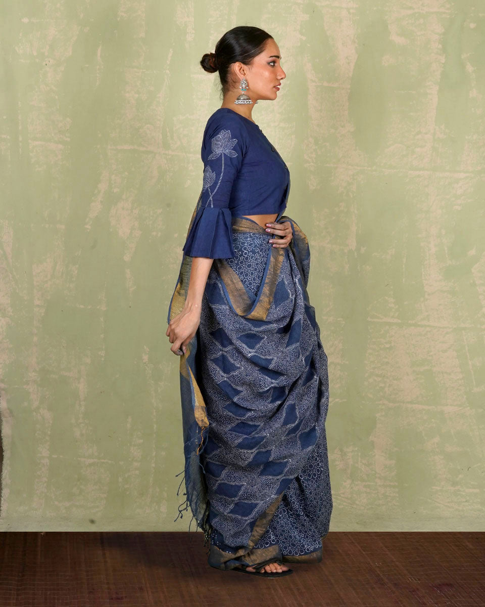 Sandhya Blue Handblock Print Linen Saree - INDI