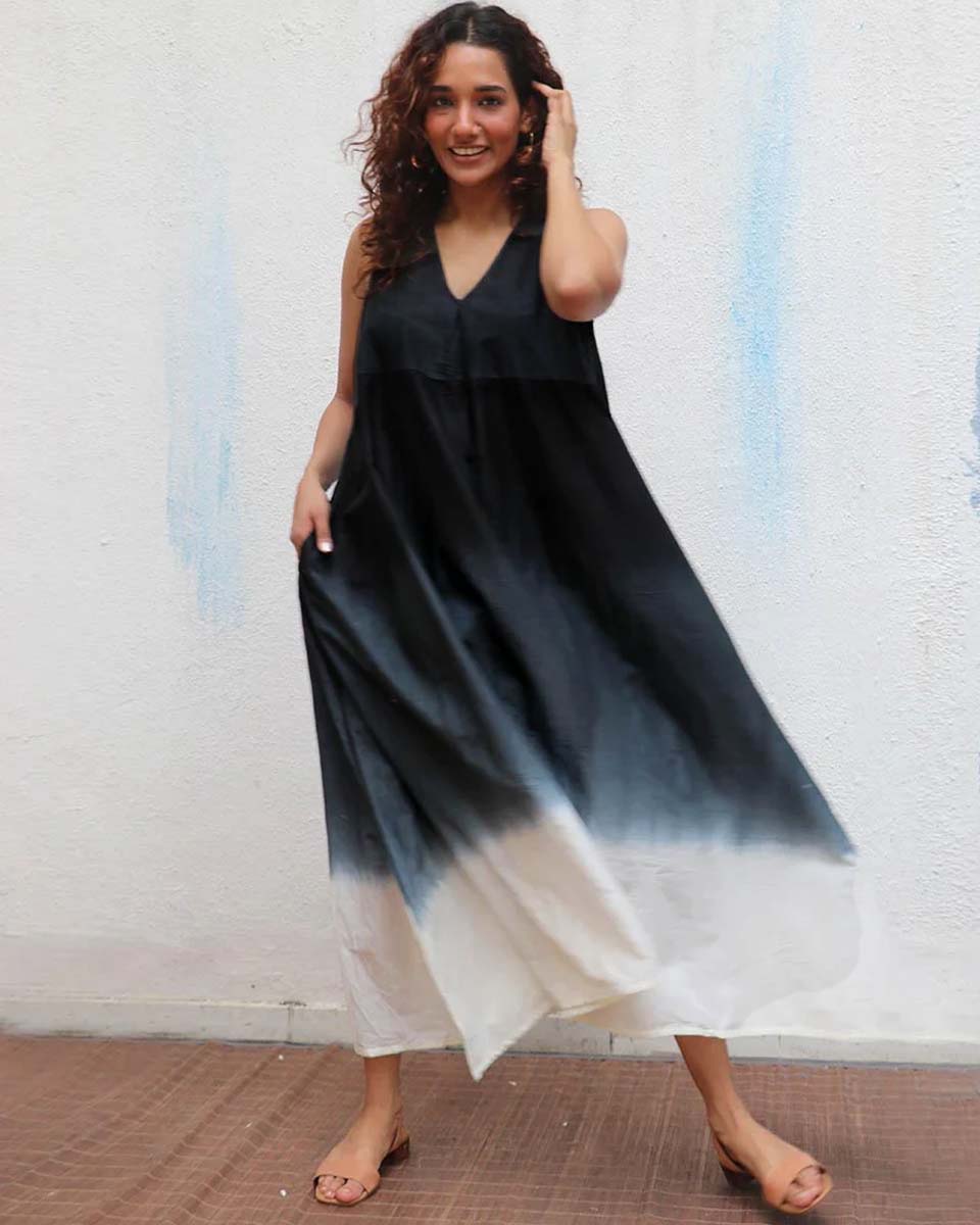 Blackberry Matcha Handblock Printed Cotton Dress - Mono