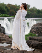 Milk Glass Kota Doria Ivory Block Printed Saree - SFD
