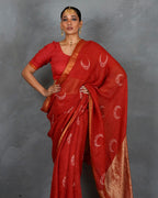 Taraani Red Handblock Linen Saree - TARA