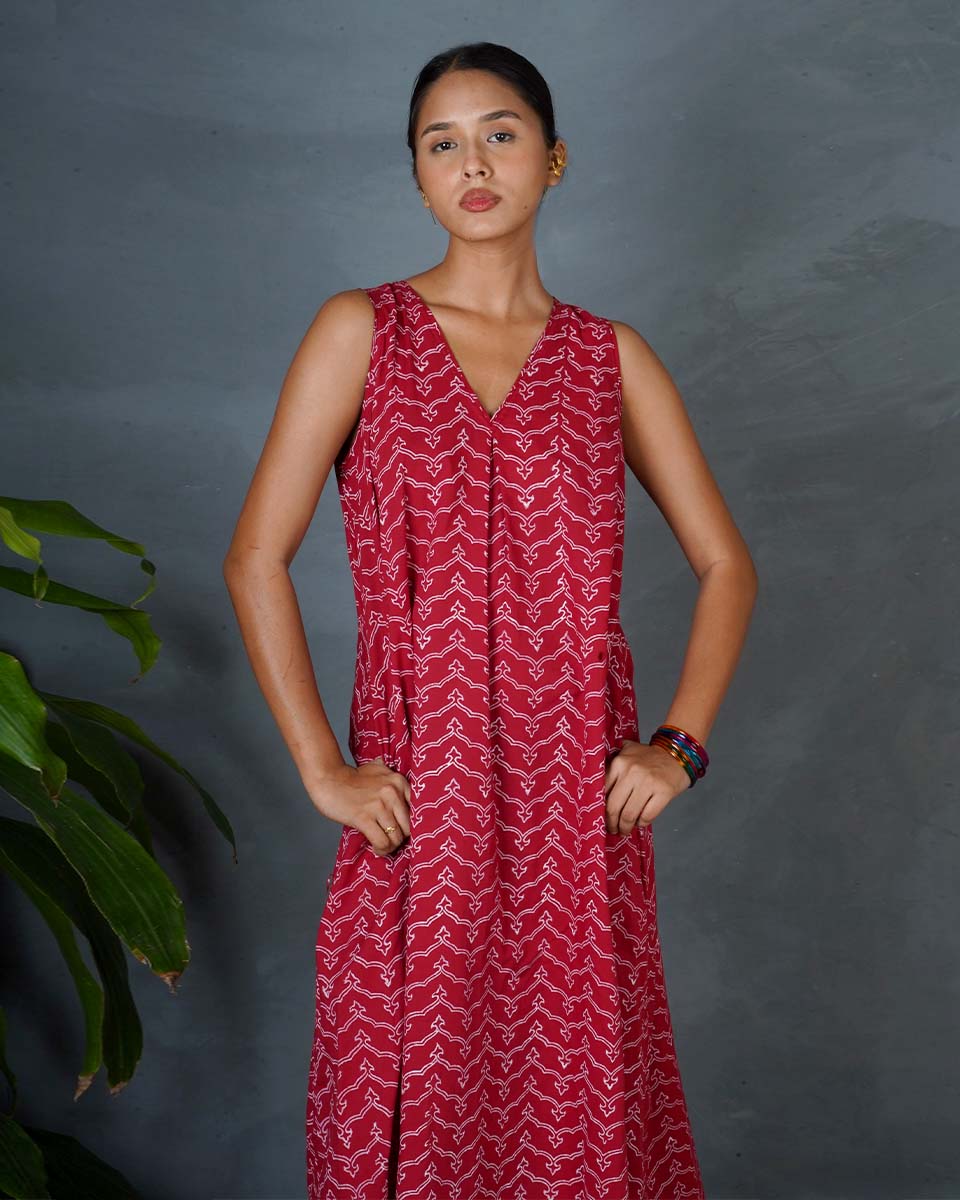 Sparshika Red Hand Block Printed Dress-MYA