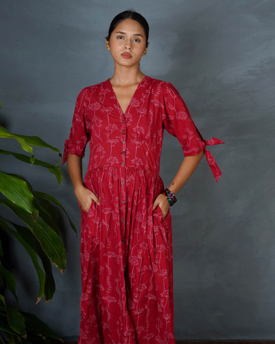 Saanjhika Red Hand Block Printed Dress-MYA