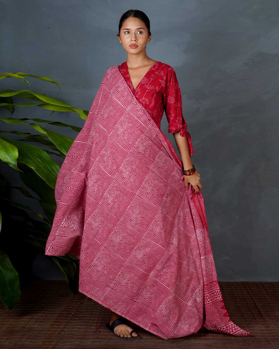 Dhara Red Hand Block Printed Dupatta-MYA