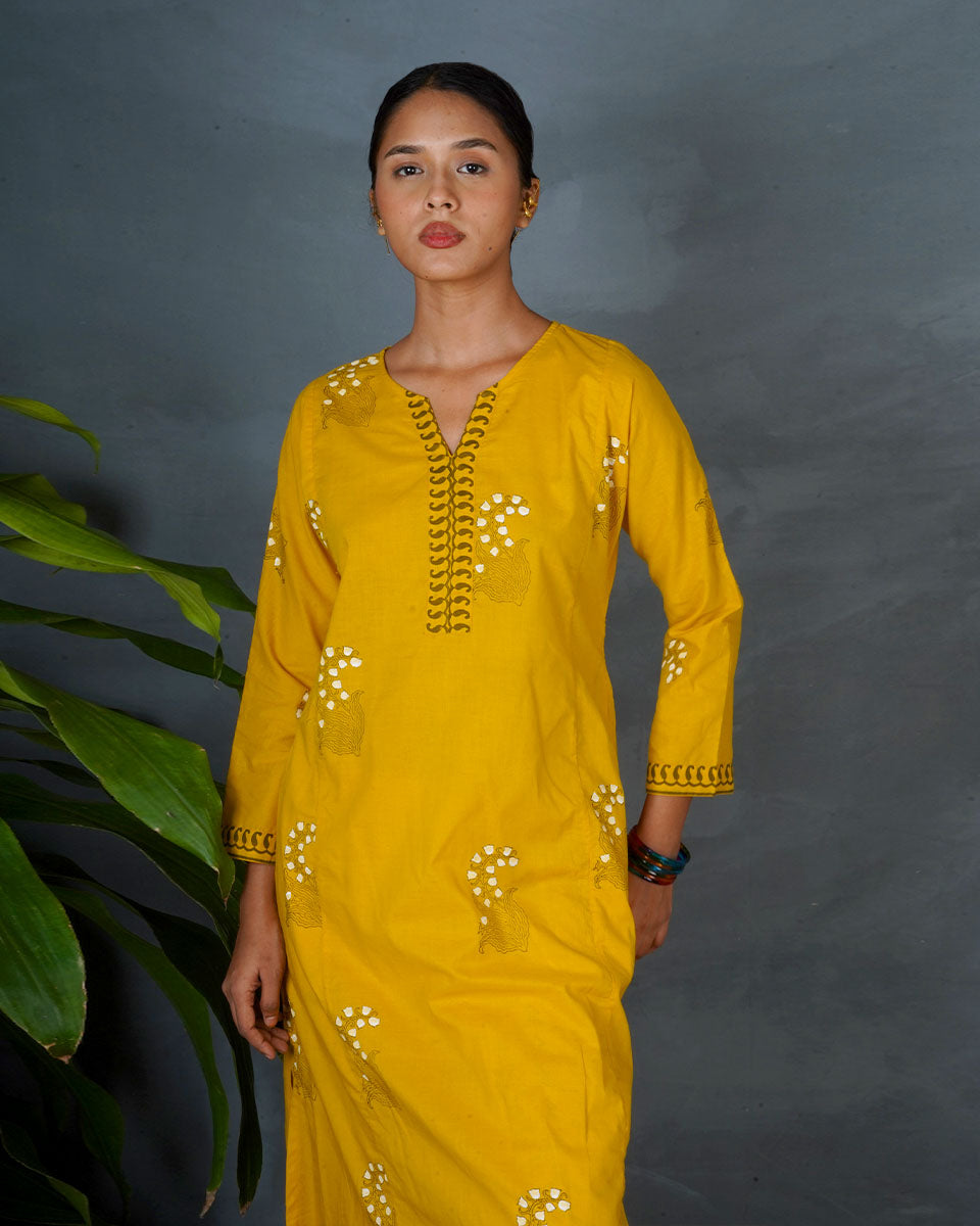 Kyra Yellow Hand Block Printed Kurta -MYA