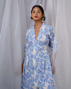 Neyra Ivory Blue Hand Block Printed Dress-BAD