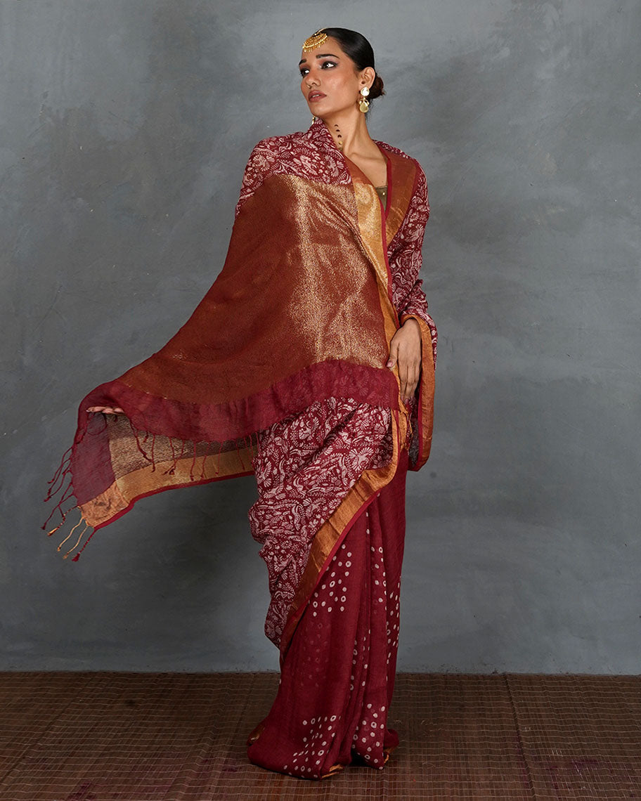 Urvi Maroon Handblock Linen Saree - TARA