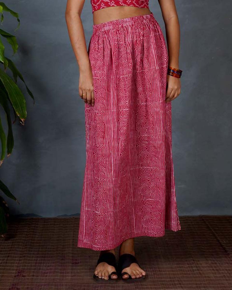 Saaya Red Hand Block Printed Skirt-MYA