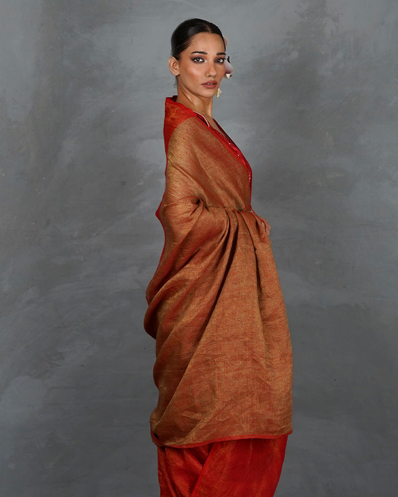 Glow On Red Handwoven Linen Saree - TARA