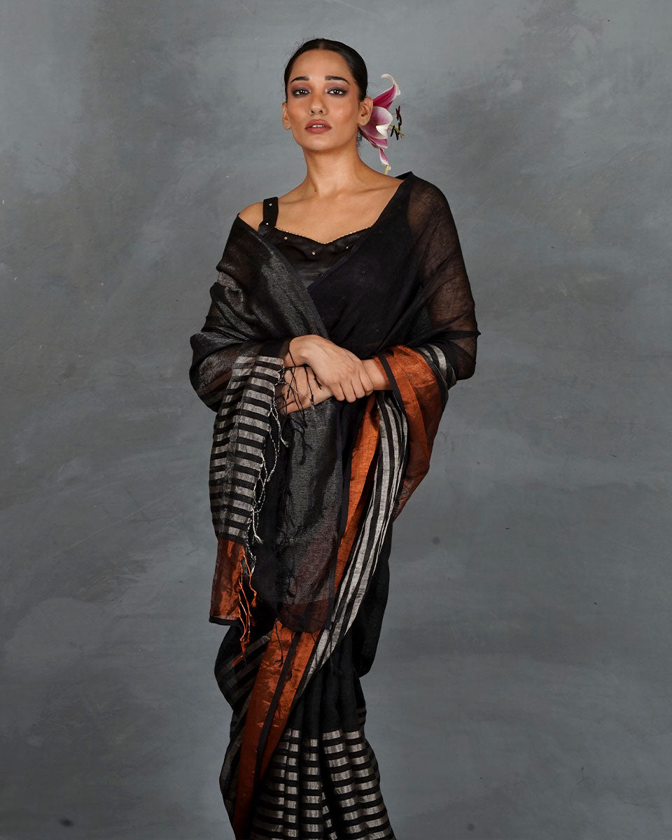 Follow Dawn Black Handwoven Linen Saree - TARA