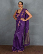 Noori Royal Purple Handblock Linen Saree - TARA