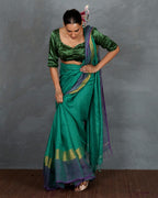Shimmer On Green Handwoven Linen Saree - TARA
