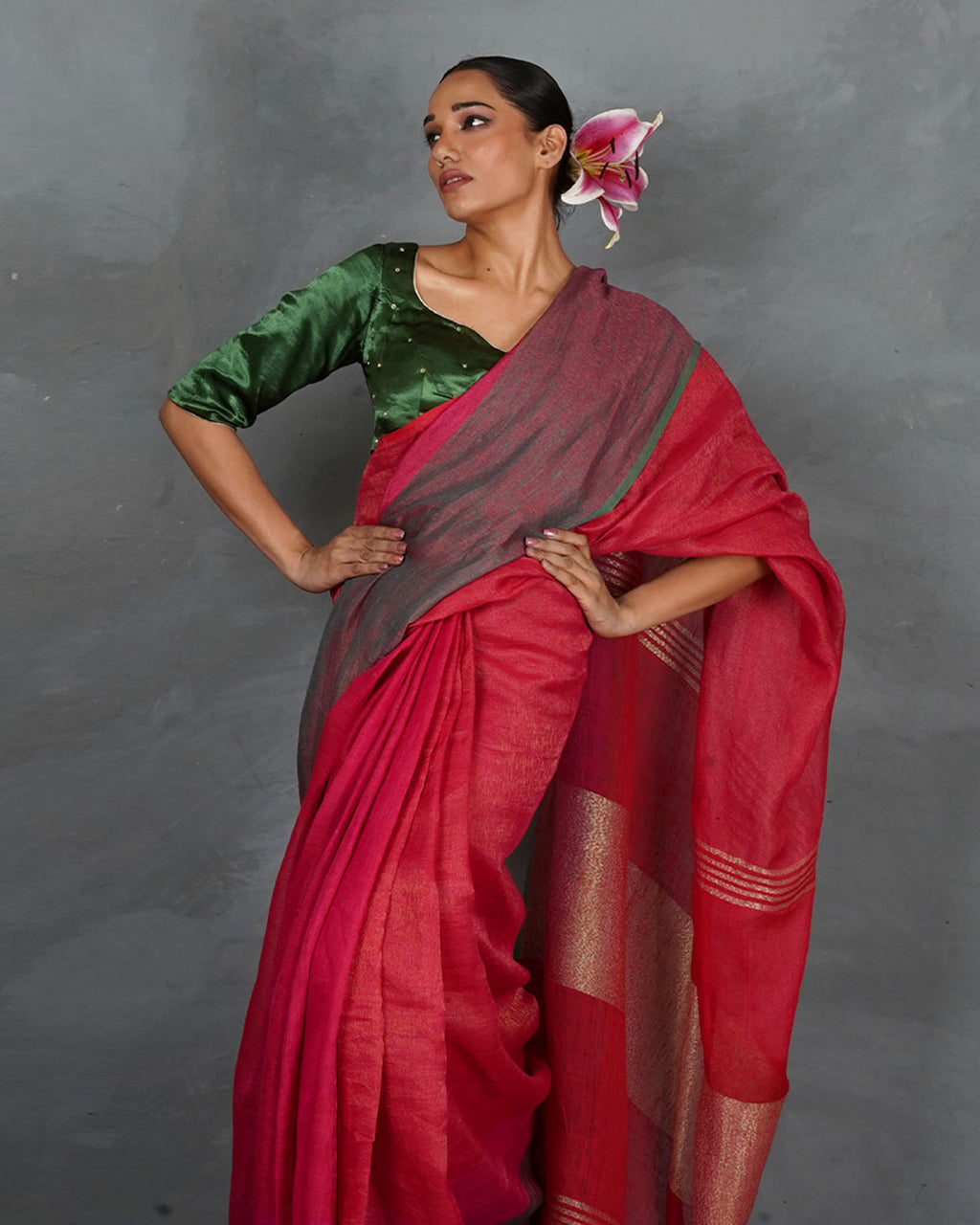 Glow Forward Red With Green Handwoven Linen Saree - TARA