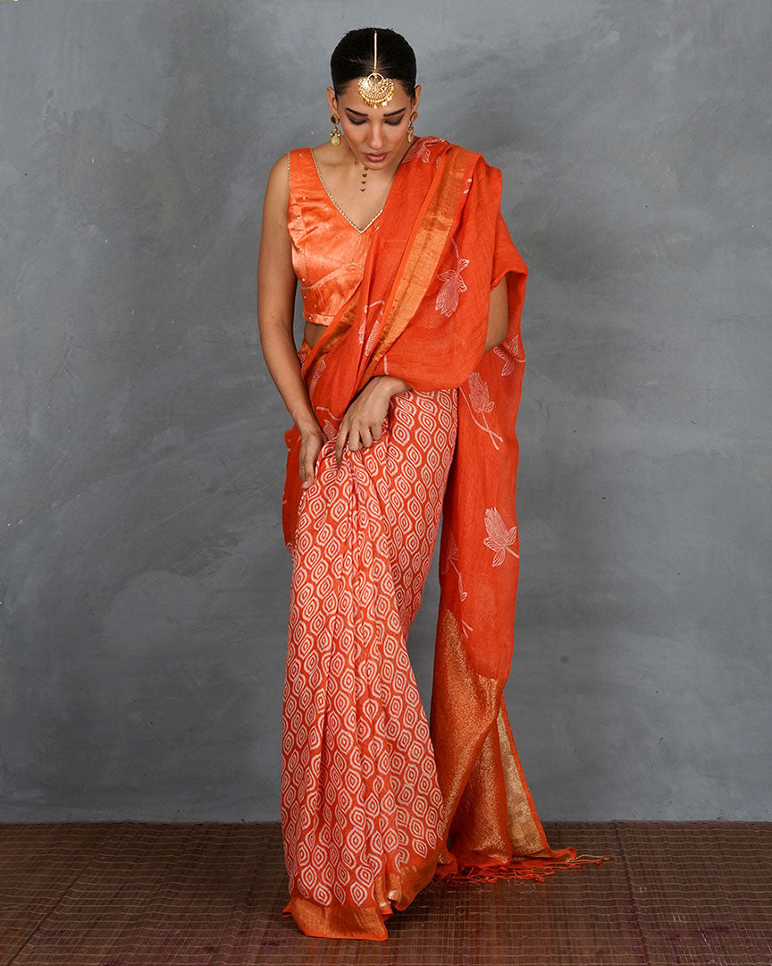 Meher Orange Handblock Linen Saree - TARA
