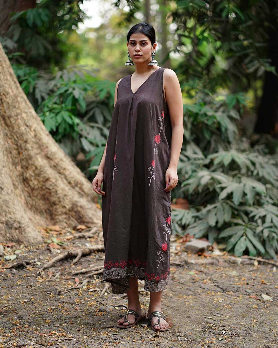 Suhani Brown Block Printed Cotton Dress - WW