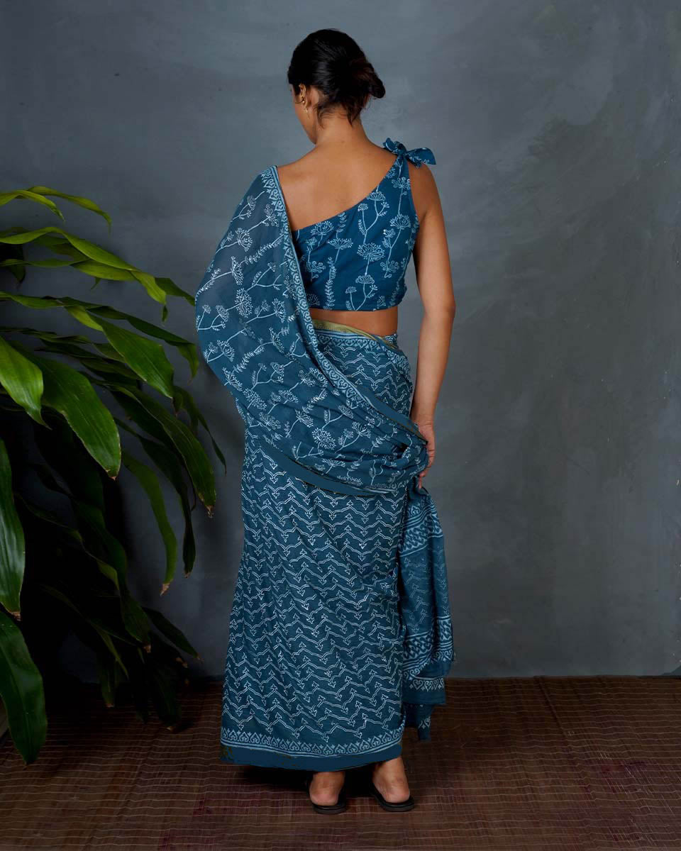 Sia Teal Green Hand Block Printed Saree-MYA