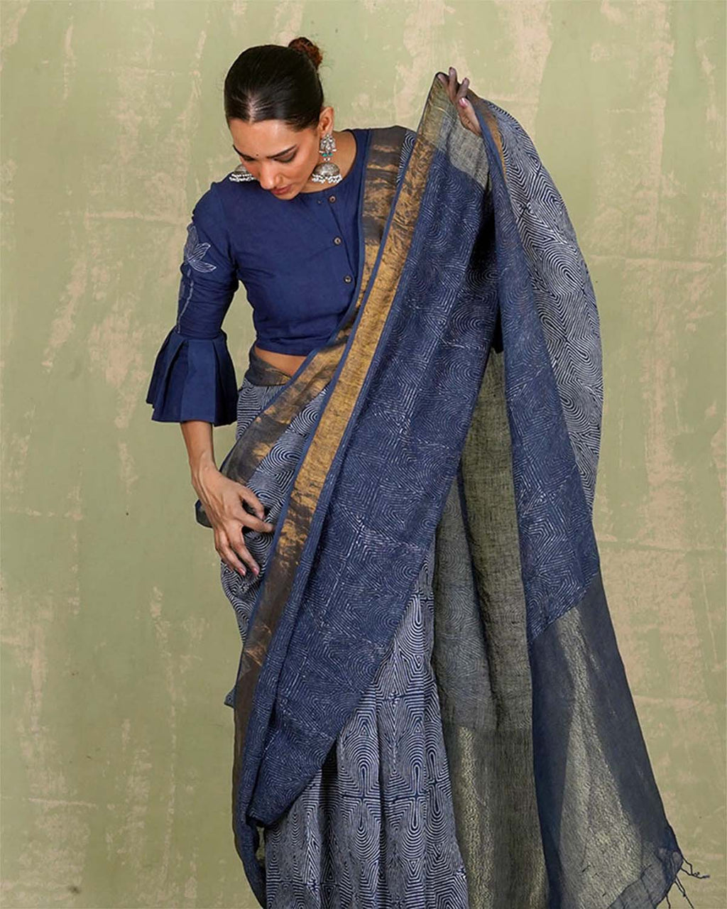 Sanjh Tarini Blue Handblock Print Linen Saree - INDI