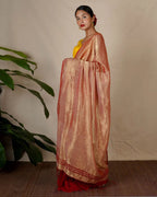 Abhati Red Handwoven Linen Zari Saree - Eknoor