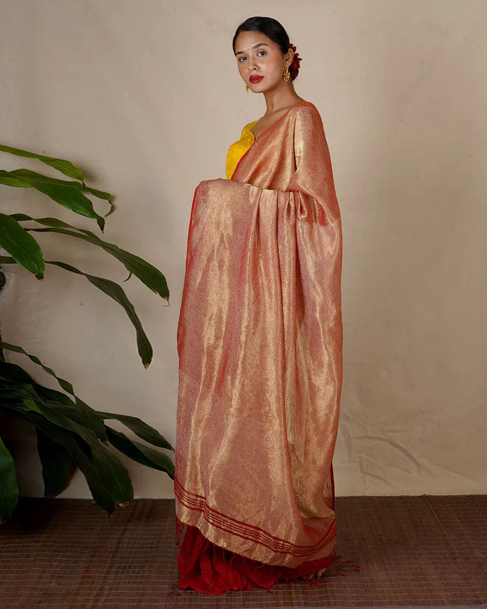 Abhati Red Handwoven Linen Zari Saree - Eknoor