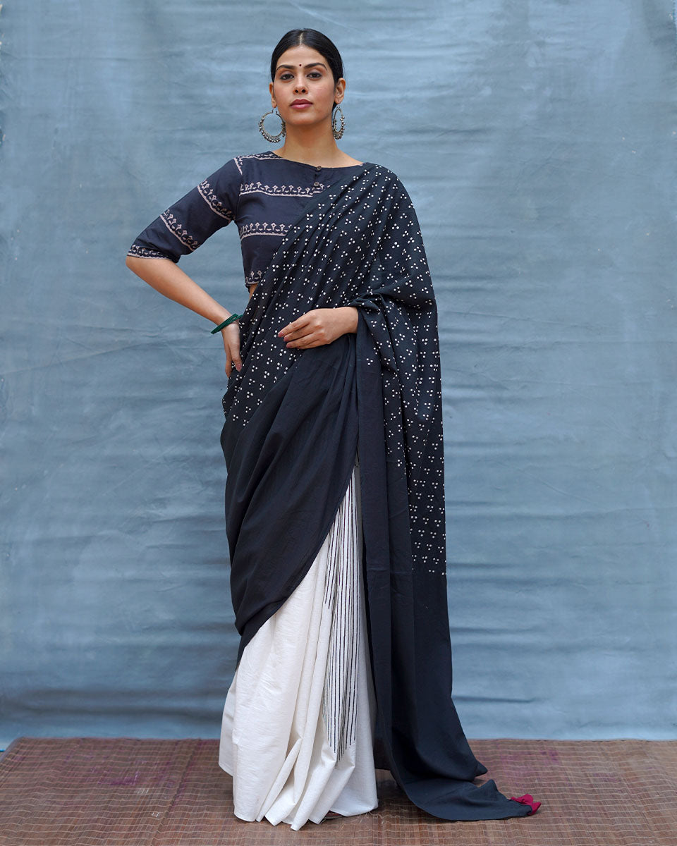 Monochrome Magic Black & White Handblock Print Cotton Saree - MIS