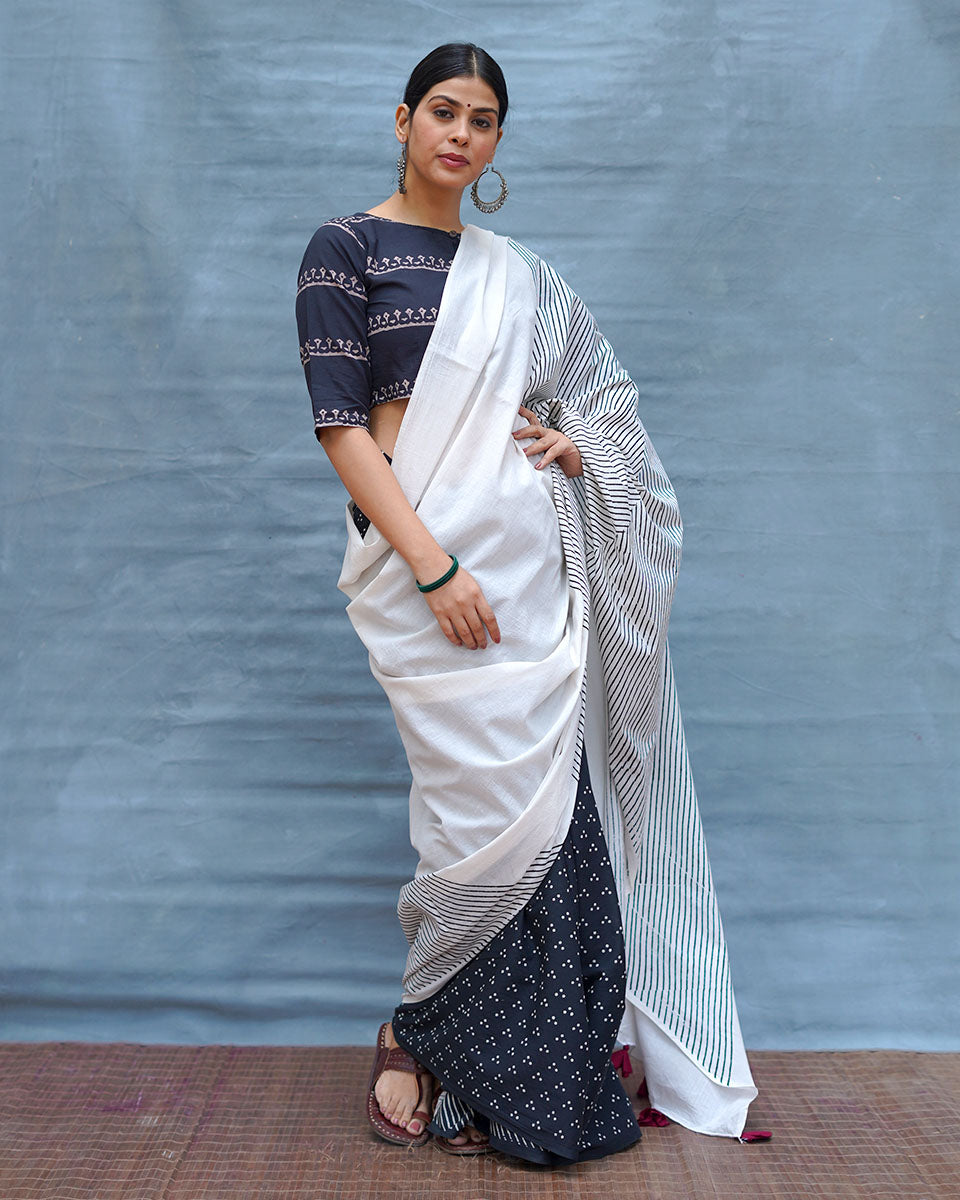 B&W Muse Black & White Handblock Print Cotton Saree - MIS