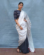 B&W Muse Black & White Handblock Print Cotton Saree - MIS