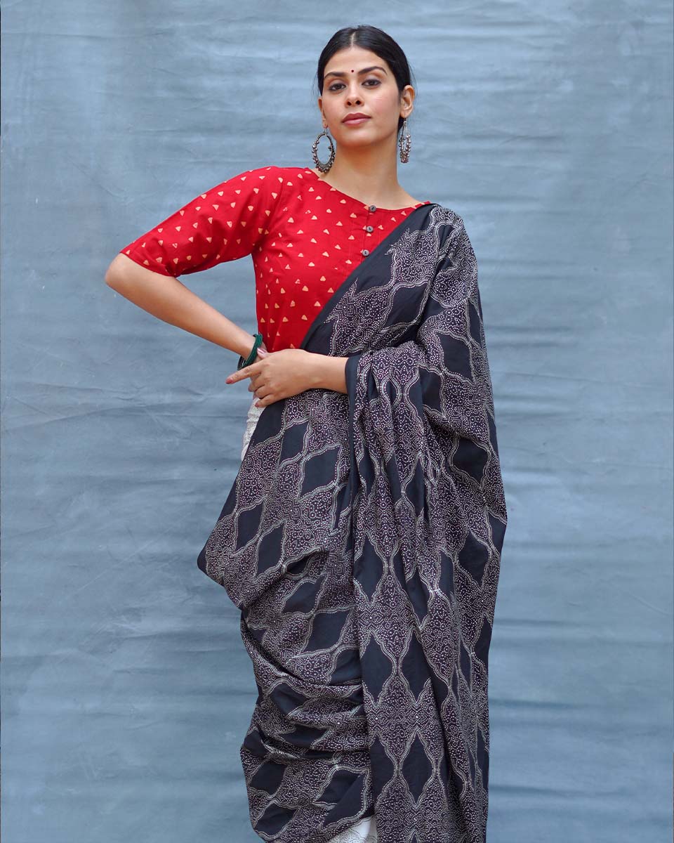 Black & White Tale Handblock Print Cotton Saree - MIS