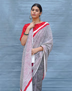 Vintage Poem Black & White Handblock Print Cotton Saree - MIS