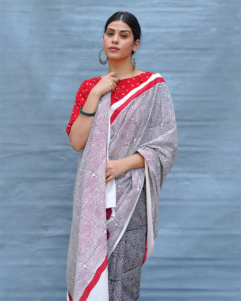 Vintage Poem Black & White Handblock Print Cotton Saree - MIS