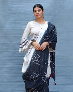 Colourblind Black & White Handblock Print Cotton Saree - MIS