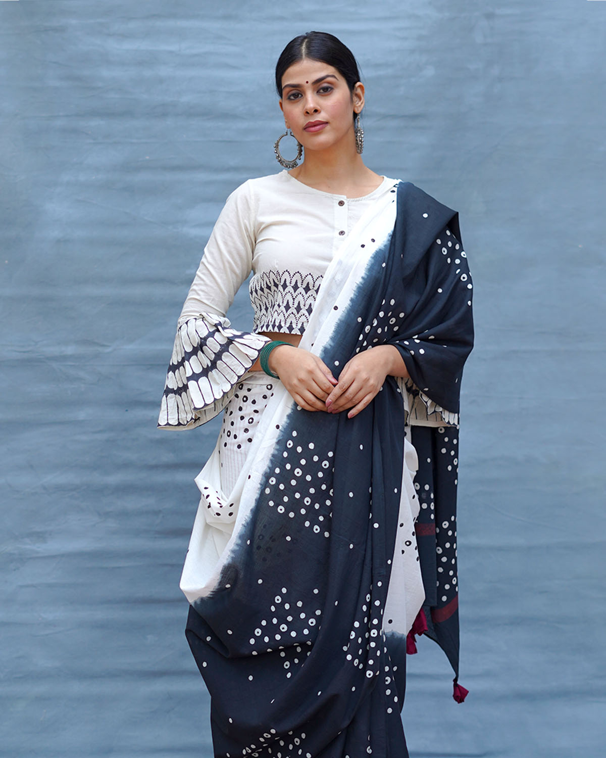 Colourblind Black & White Handblock Print Cotton Saree - MIS