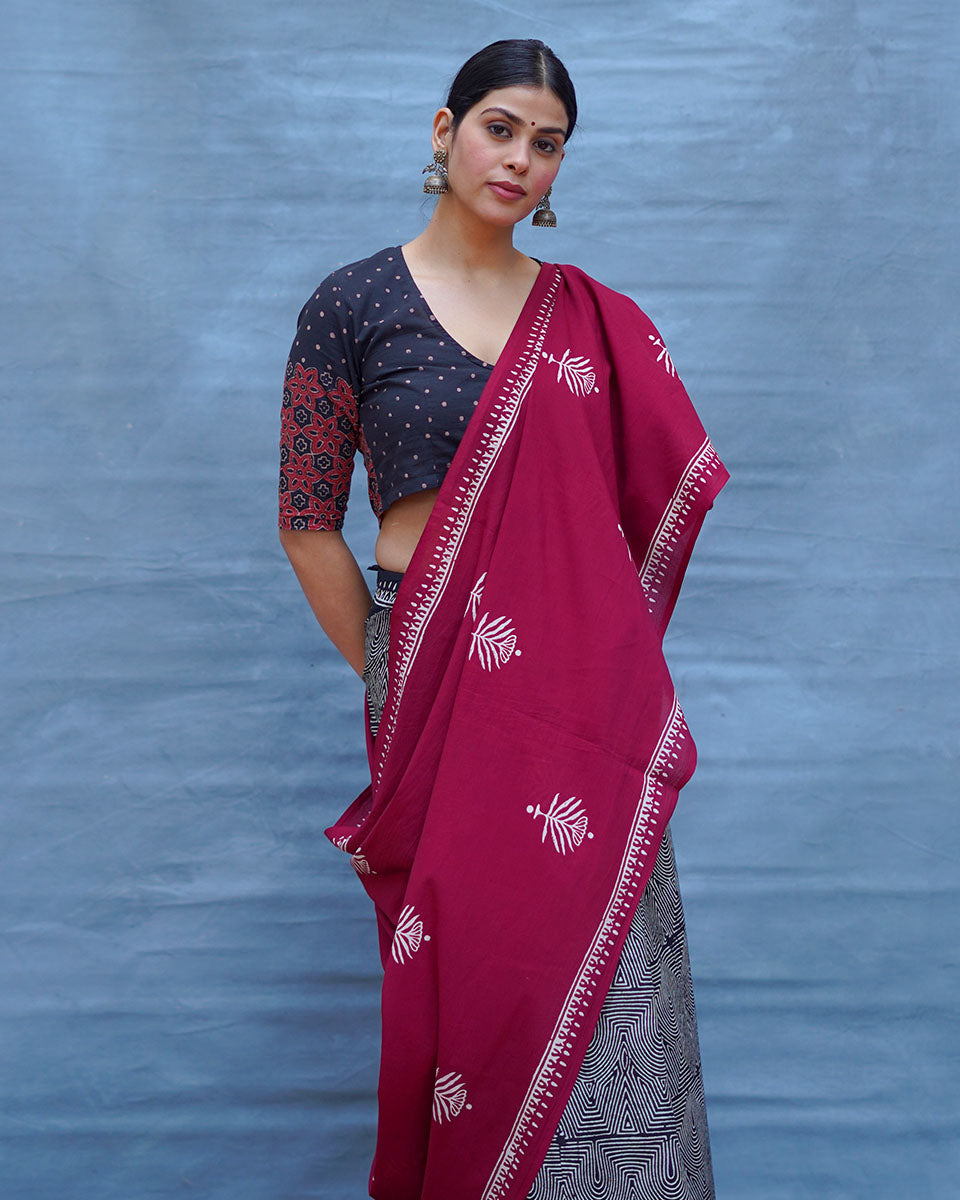 Charulata Maroon Handblock Printed Cotton Saree - Soil