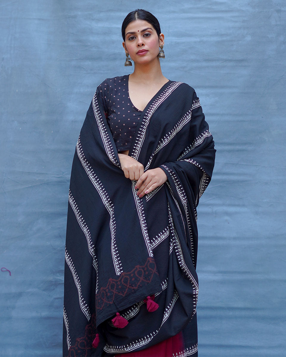 Mrinal Black With Maroon Handblock Printed Cotton Saree - Soil