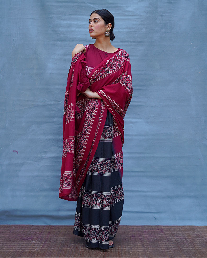Labanya Maroon Handblock Printed Cotton Saree - Soil