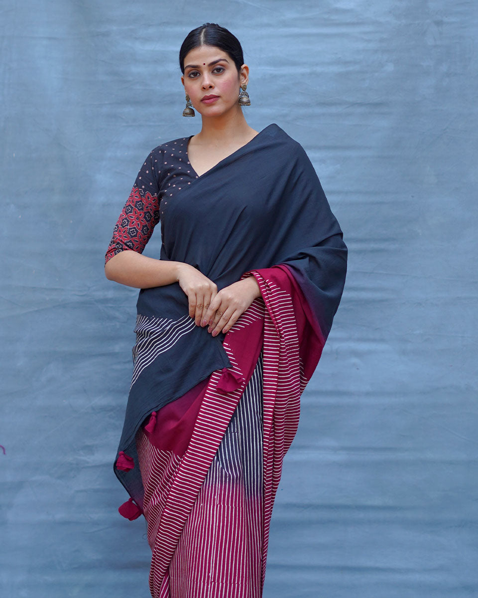 Bimala Black With Maroon Handblock Printed Cotton Saree - Soil