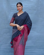 Bimala Black With Maroon Handblock Printed Cotton Saree - Soil
