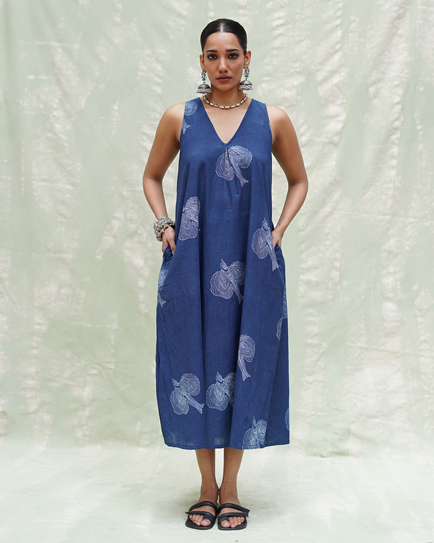 Adana Malhar Blue Handblock Print Cotton Dress - INDI