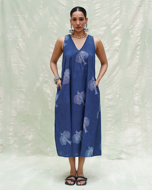 Adana Malhar Blue Handblock Print Cotton Dress - INDI